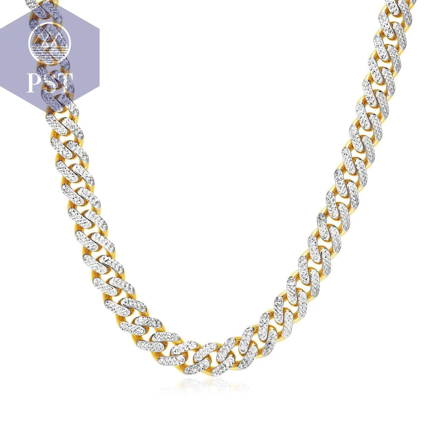 14k Gold Kette Karabin Miami Dubai Bling Two Tone Gold Cuban Chain Necklace with White Pave Kette in Gelbgold PST PS Tradings