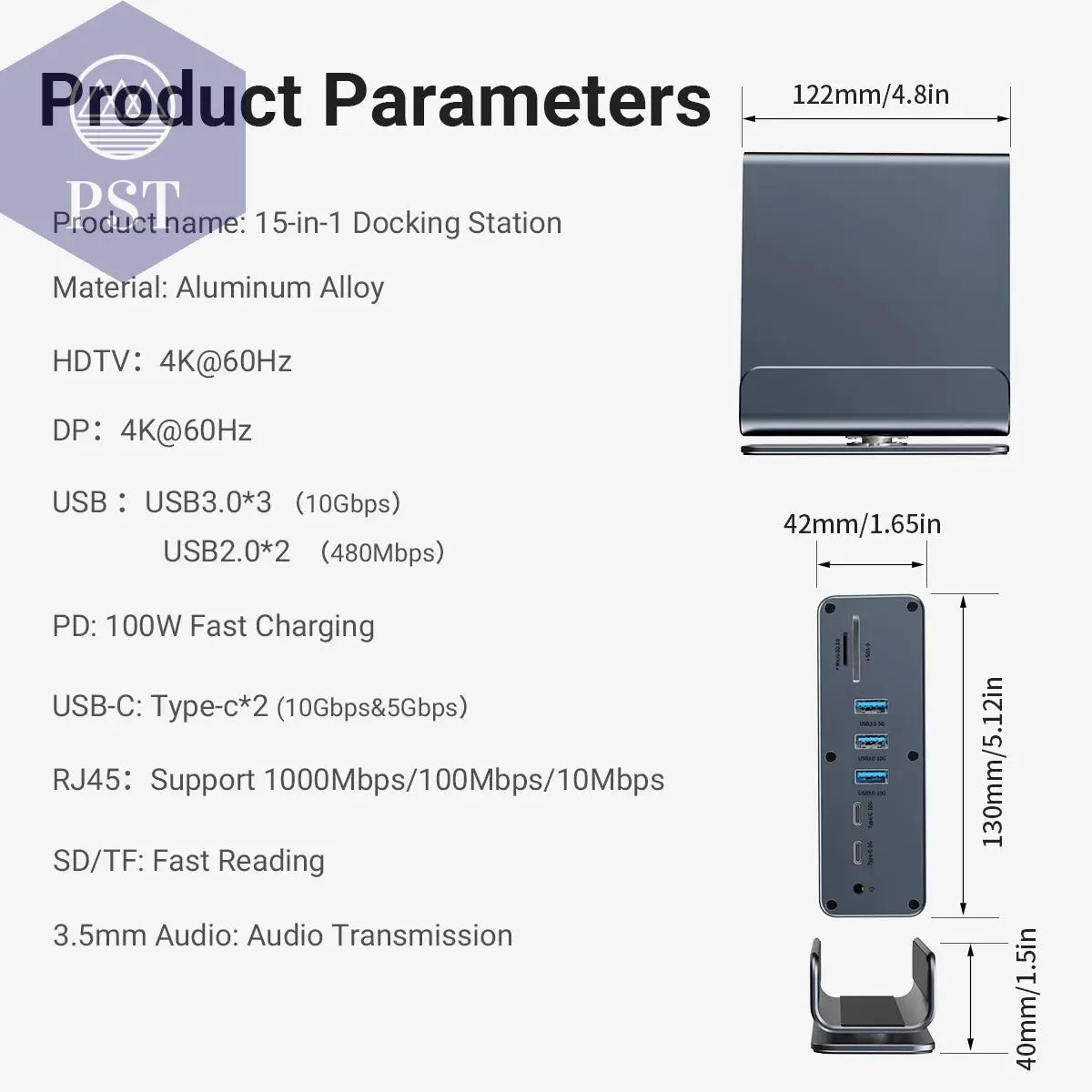 15 in 1 USB-C Docking Station 4K HD Vertical Hub with Triple Monitor ,RJ45 1000M,USB 3.0/2.0,PD 3.0,Sd/Tf,Audio 3.5 PST PS Tradings