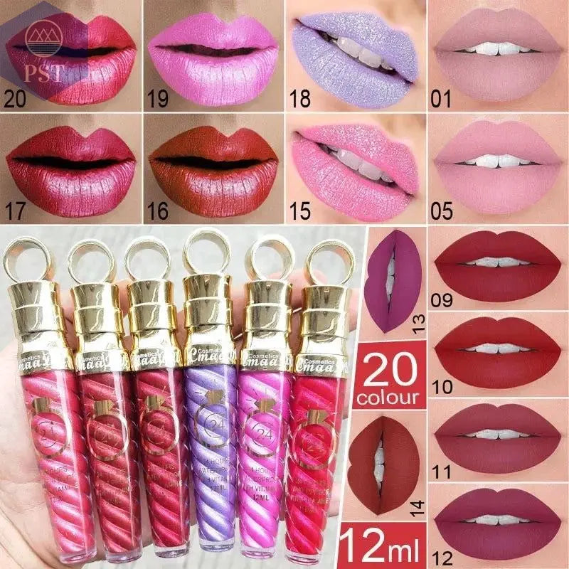 20 Colors Lipstick Waterproof Long Lasting Matte+Shimmer Mental Beauty Lip Gloss Nude Glitter Lip Gloss Beauty Sexy Lip Tint PST PS Tradings