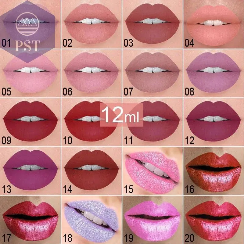 20 Colors Lipstick Waterproof Long Lasting Matte+Shimmer Mental Beauty Lip Gloss Nude Glitter Lip Gloss Beauty Sexy Lip Tint PST PS Tradings