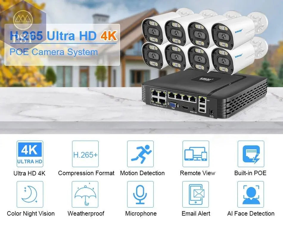 8MP Security Camera System 4K POE NVR Video Surveillance Kit 5MP 4MP Audio Ai Face Detect Color Night Vision IP CCTV Camera Set - Property & Safety Tradings