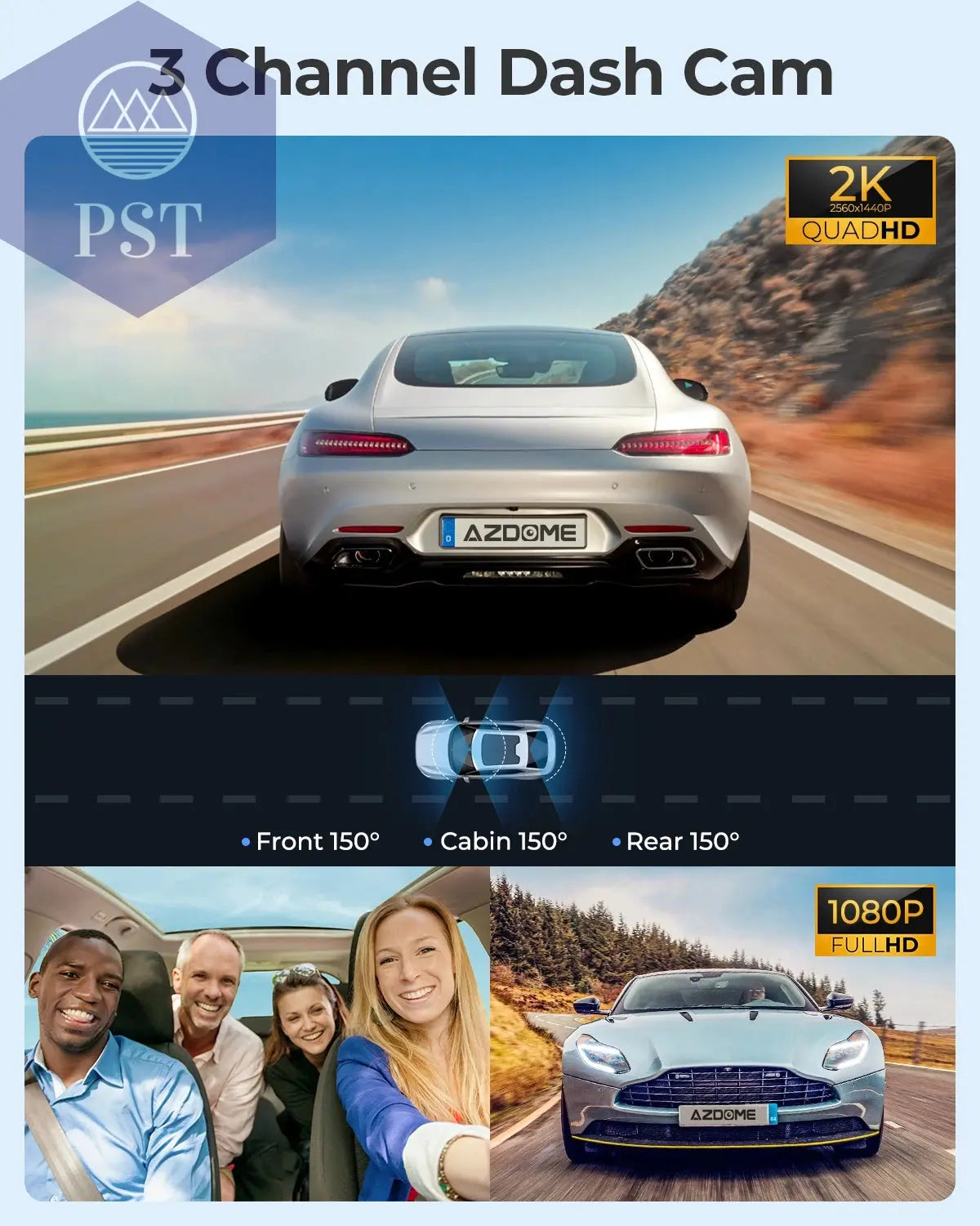 Azdome Dash Cam 4K+1080 3.18'' GPS APP Control Car IR Night Vision 24H Parking Support 3 Cam Rear Cam WIFI PST PS Tradings