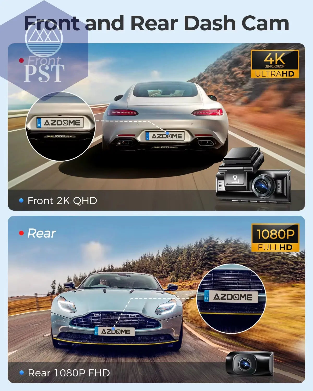 Azdome Dash Cam 4K+1080 3.18'' GPS APP Control Car IR Night Vision 24H Parking Support 3 Cam Rear Cam WIFI PST PS Tradings