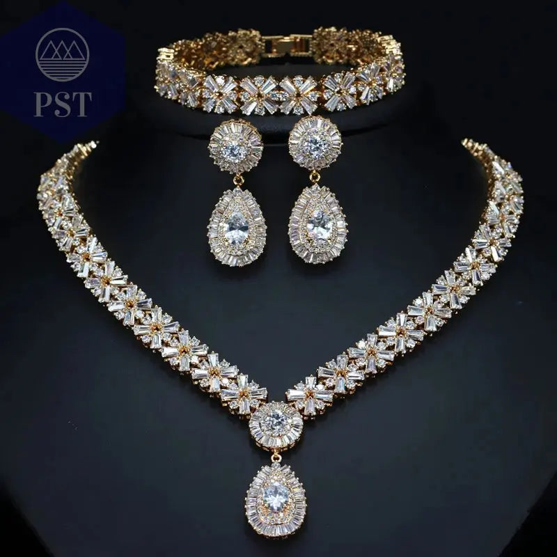 CWWZircons Exklusive Dubai Gold Plate Schmuck Luxus Zirkonia Halskette Ohrring Armband Partei Schmuck-Set für Frauen T053 PST PS Tradings