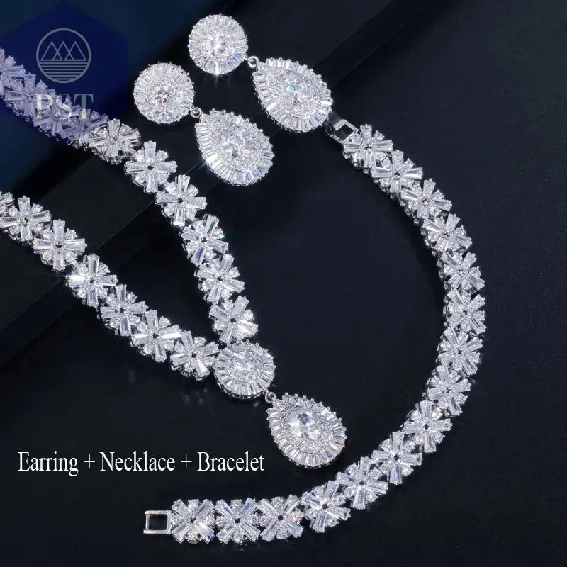CWWZircons Exklusive Dubai Gold Plate Schmuck Luxus Zirkonia Halskette Ohrring Armband Partei Schmuck-Set für Frauen T053 PST PS Tradings