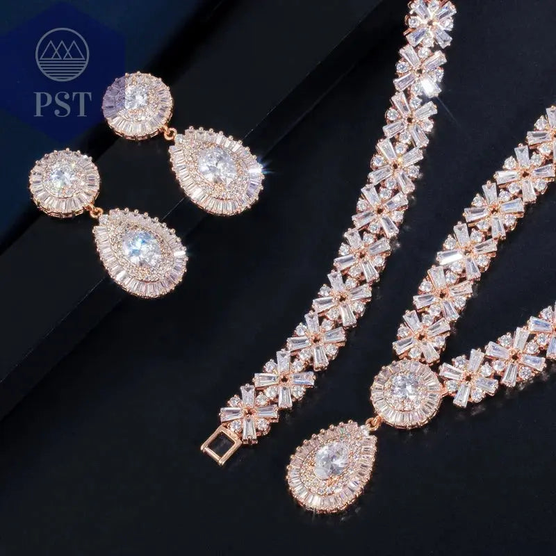 CWWZircons Exklusive Dubai Gold Plate Schmuck Luxus Zirkonia Halskette Ohrring Armband Partei Schmuck-Set für Frauen T053 PST PS Tradings