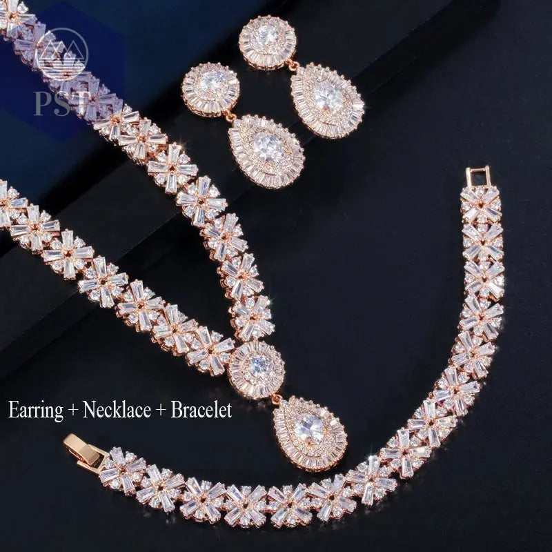 CWWZircons Exklusive Dubai Gold Plate Schmuck Luxus Zirkonia Halskette Ohrring Armband Partei Schmuck-Set für Frauen T053 PST PS Tradings