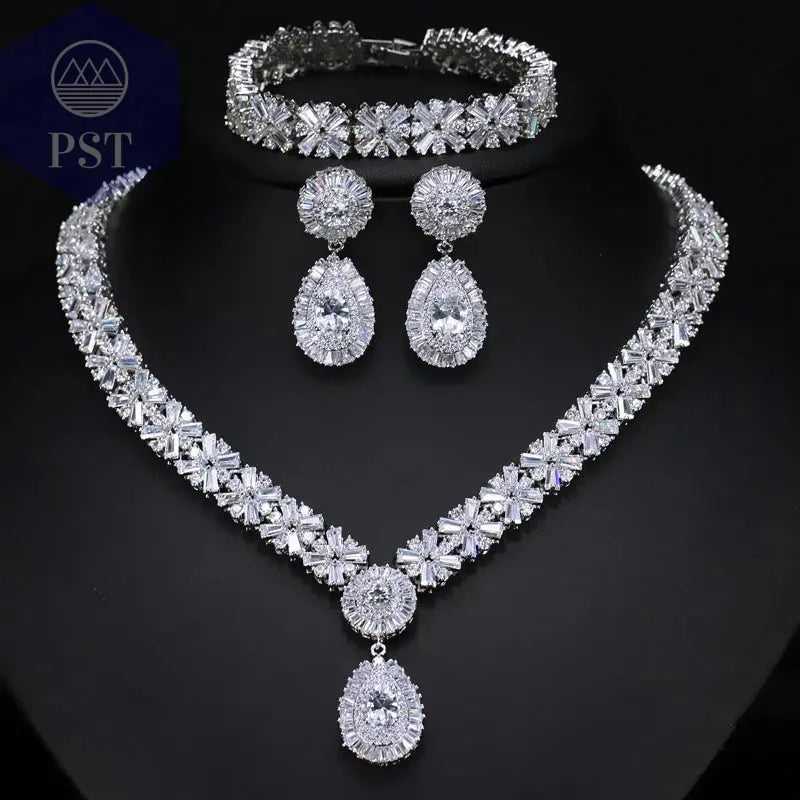 CWWZircons Exklusive Dubai Gold Plate Schmuck Luxus Zirkonia Halskette Ohrring Armband Partei Schmuck-Set für Frauen T053 PST PS Tradings
