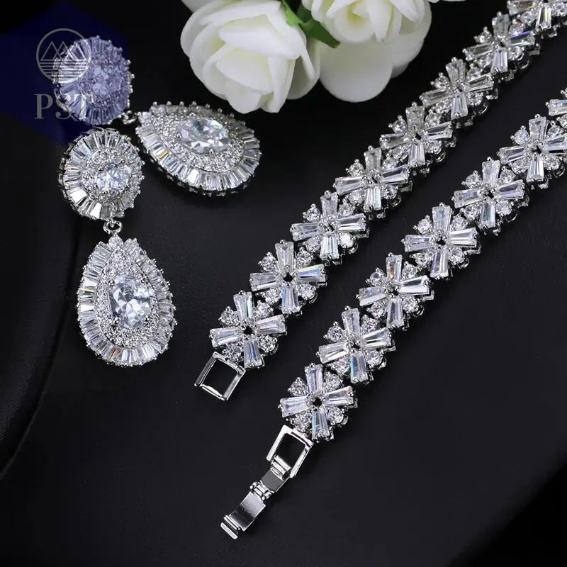 CWWZircons Exklusive Dubai Gold Plate Schmuck Luxus Zirkonia Halskette Ohrring Armband Partei Schmuck-Set für Frauen T053 PST PS Tradings