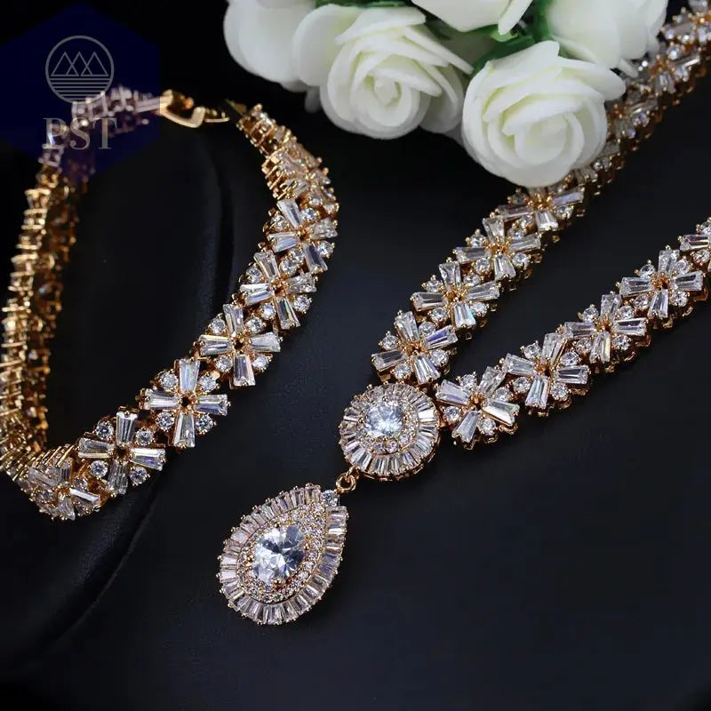 CWWZircons Exklusive Dubai Gold Plate Schmuck Luxus Zirkonia Halskette Ohrring Armband Partei Schmuck-Set für Frauen T053 PST PS Tradings