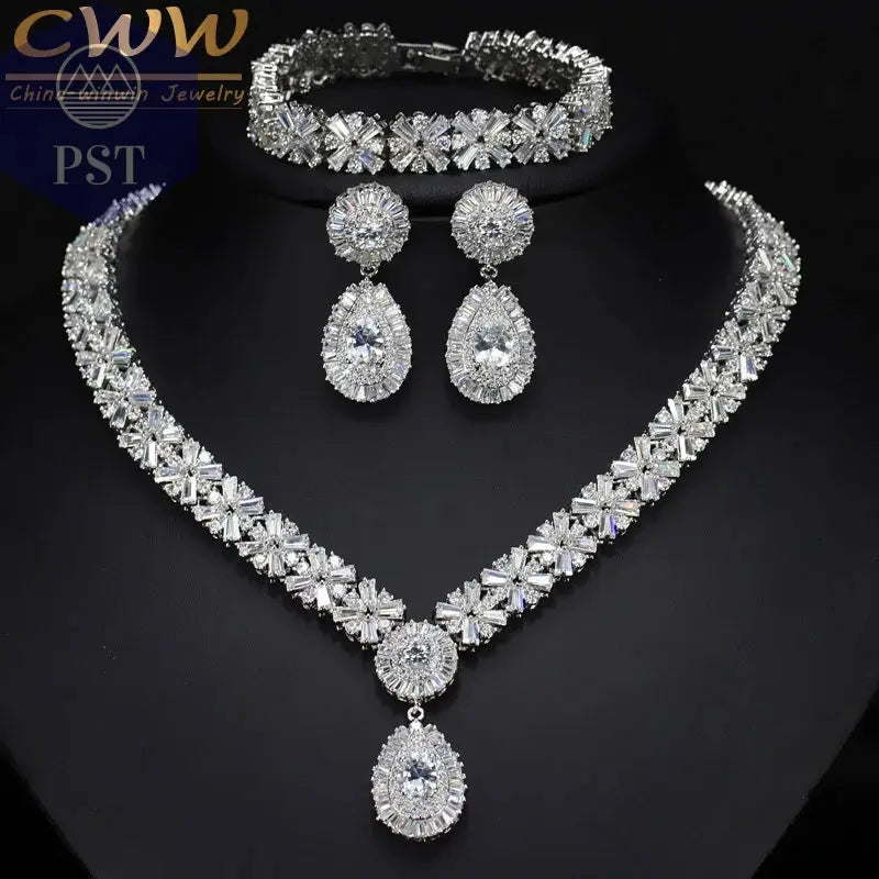 CWWZircons Exklusive Dubai Gold Plate Schmuck Luxus Zirkonia Halskette Ohrring Armband Partei Schmuck-Set für Frauen T053 PST PS Tradings