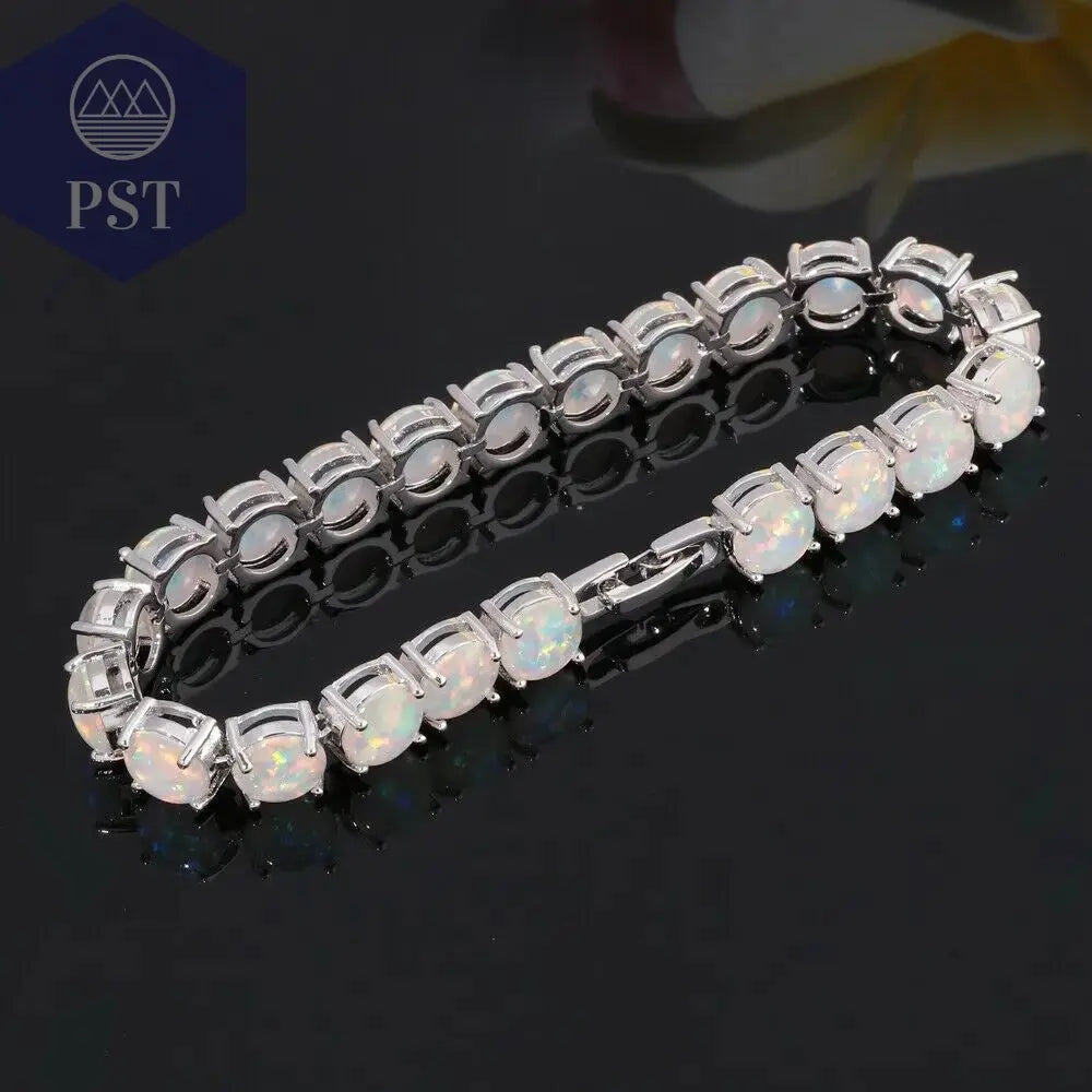 Cineily White Fire Opal Stein Kettenglied Armband & Armreifen versilbert Luxus größere Boho Bohemia Sommers chmuck Geschenke für Frauen PST PS Tradings