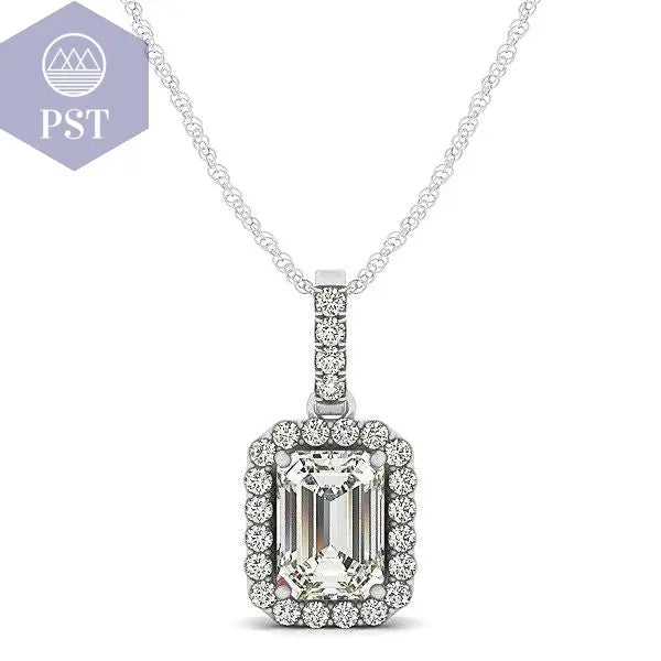 Halo Pendant With Emerald Center Diamond in 14k White Gold (1 1/5 cttw) Anhänger mit Kette in Weißgold mit Diamant Schmuck PST PS Tradings