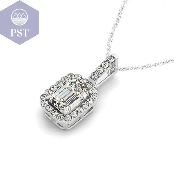 Halo Pendant With Emerald Center Diamond in 14k White Gold (1 1/5 cttw) Anhänger mit Kette in Weißgold mit Diamant Schmuck PST PS Tradings