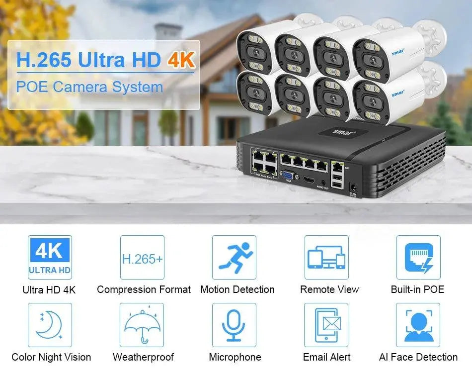 8MP Security Camera System 4K POE NVR Video Surveillance Kit 5MP 4MP Audio Ai Face Detect Color Night Vision IP CCTV Camera Set - Property & Safety Tradings