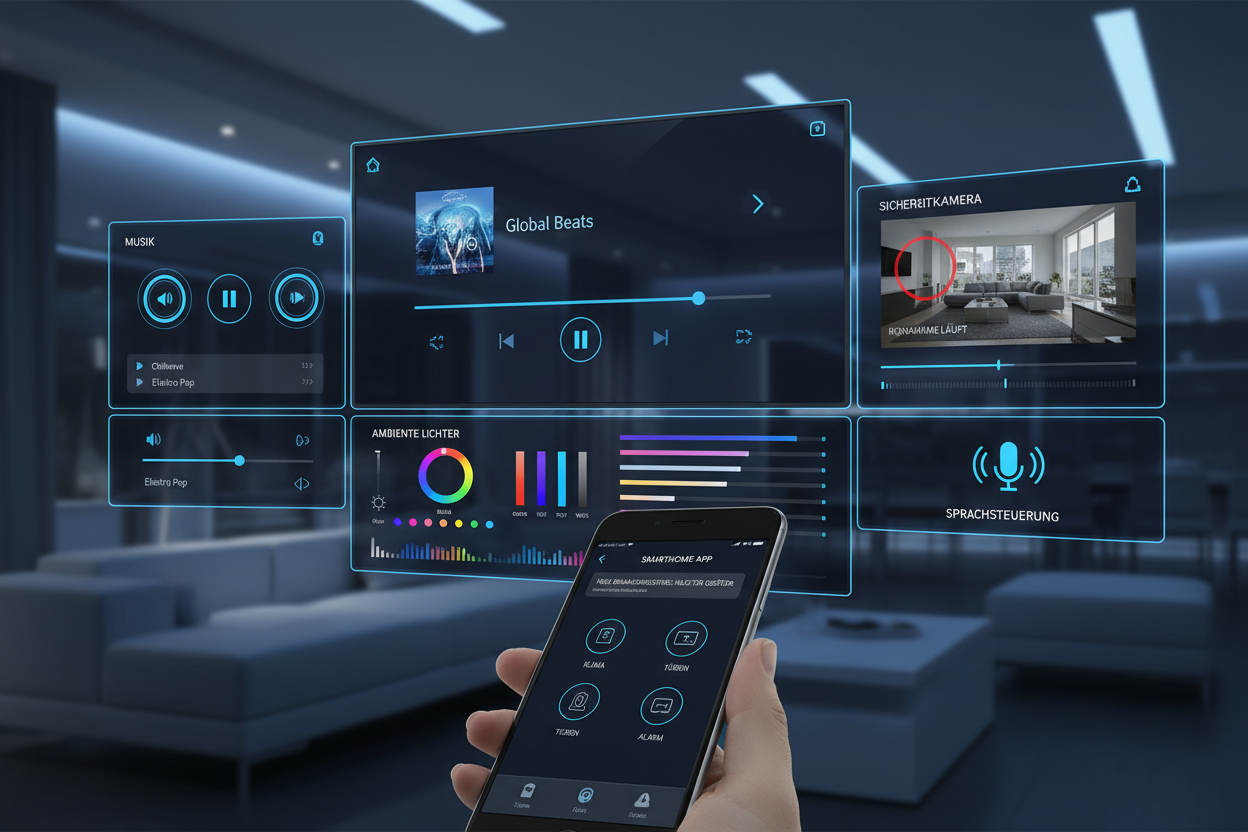 Smart Home Steuerung exemplarisch dargestellt von Musik, TV, Smart Cams per App- PS Tradings