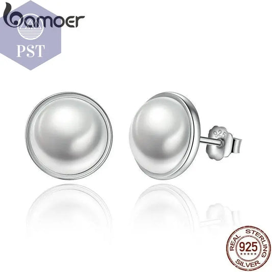 BAMOER Fashion 925 Sterling Silver Elegant Beauty, Round White Shell Pearl Stud Earrings Women Engagement Jewelry Brincos PAS489 - Property & Safety Tradings