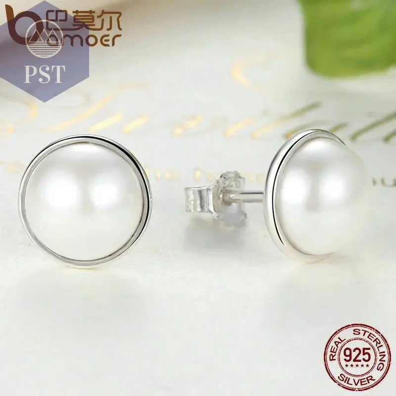 BAMOER Fashion 925 Sterling Silver Elegant Beauty, Round White Shell Pearl Stud Earrings Women Engagement Jewelry Brincos PAS489 - Property & Safety Tradings