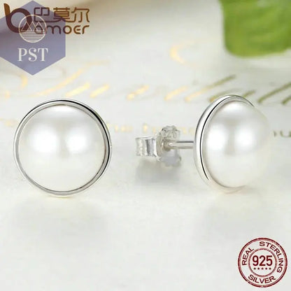 BAMOER Fashion 925 Sterling Silver Elegant Beauty, Round White Shell Pearl Stud Earrings Women Engagement Jewelry Brincos PAS489 - Property & Safety Tradings