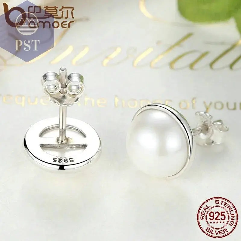 BAMOER Fashion 925 Sterling Silver Elegant Beauty, Round White Shell Pearl Stud Earrings Women Engagement Jewelry Brincos PAS489 - Property & Safety Tradings
