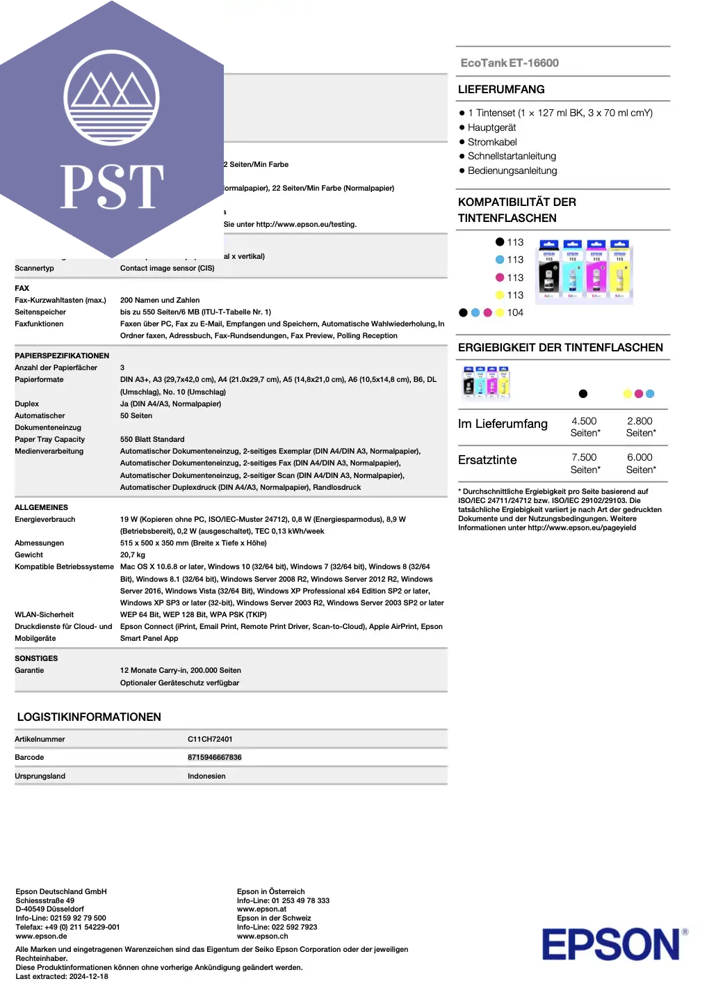 Epson EcoTank ET-16600 PST PS Tradings drucker drucker