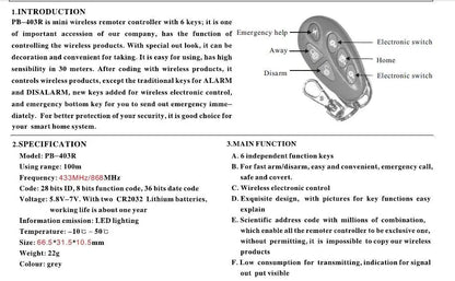 Focus 433Mhz or 868Mhz PB-403R Remote Control Arm Disarm Home Arm SOS 6 Key Function Wireless Alarm Remote Keyfob - PST PS Tradings