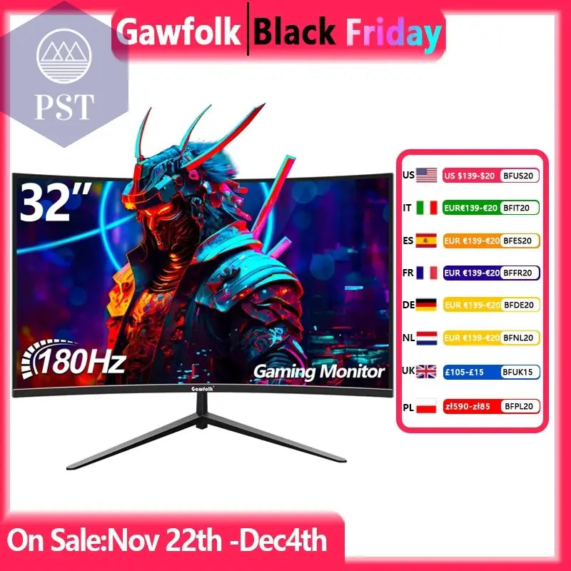 Gawfolk 32-Zoll-Gaming-Monitor Gebogen 1800R, 180 Hz Pc-Bildschirm Full HD 1080P, Rahmenlos 1500R Gebogenes Computerbildschirm PST PS Tradings  32Inch-1K180Hz / Eu-SteckerGawfolk 32-Zoll-Gaming-Monitor Gebogen 1800R, 180 Hz Pc-Bildschirm Full HD 1080P, Rahmenlos 1500R Gebogenes Computerbildschirm