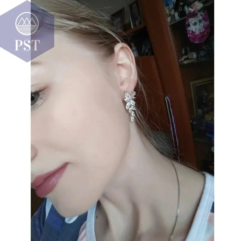 LXOEN Marquise Cut Flower Zirconia Crystal Long Drop Earrings for Women Shiny Leaf CZ Stone Bridal Wedding Jewelry - PST PS Tradings