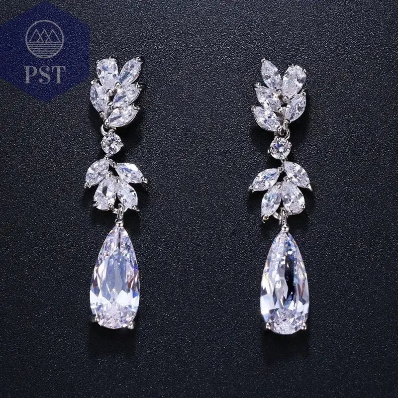 LXOEN Marquise Cut Flower Zirconia Crystal Long Drop Earrings for Women Shiny Leaf CZ Stone Bridal Wedding Jewelry - PST PS Tradings