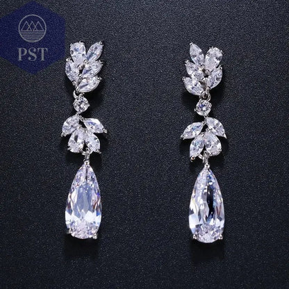 LXOEN Marquise Cut Flower Zirconia Crystal Long Drop Earrings for Women Shiny Leaf CZ Stone Bridal Wedding Jewelry - PST PS Tradings