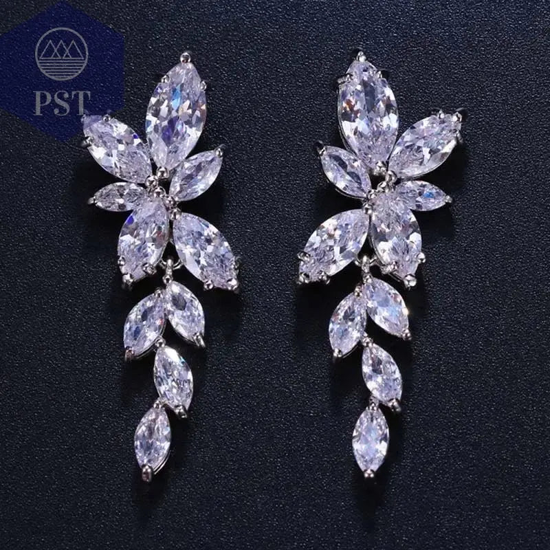LXOEN Marquise Cut Flower Zirconia Crystal Long Drop Earrings for Women Shiny Leaf CZ Stone Bridal Wedding Jewelry - PST PS Tradings