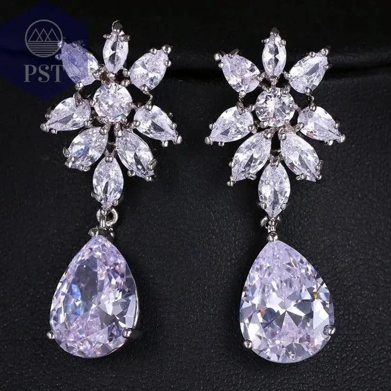 LXOEN Marquise Cut Flower Zirconia Crystal Long Drop Earrings for Women Shiny Leaf CZ Stone Bridal Wedding Jewelry - PST PS Tradings
