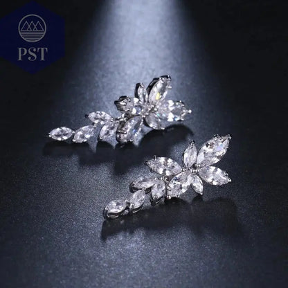 LXOEN Marquise Cut Flower Zirconia Crystal Long Drop Earrings for Women Shiny Leaf CZ Stone Bridal Wedding Jewelry - PST PS Tradings