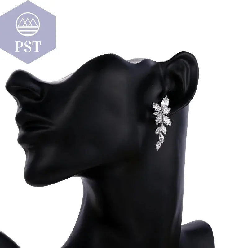 LXOEN Marquise Cut Flower Zirconia Crystal Long Drop Earrings for Women Shiny Leaf CZ Stone Bridal Wedding Jewelry - PST PS Tradings