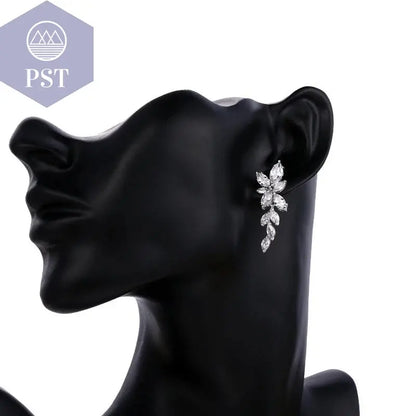LXOEN Marquise Cut Flower Zirconia Crystal Long Drop Earrings for Women Shiny Leaf CZ Stone Bridal Wedding Jewelry - PST PS Tradings