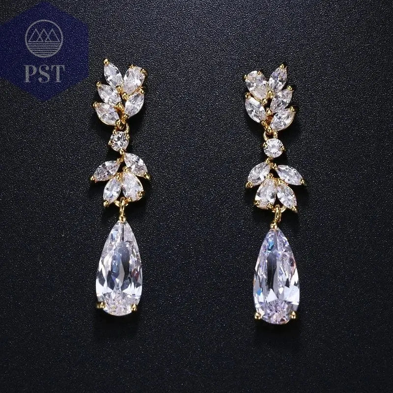 LXOEN Marquise Cut Flower Zirconia Crystal Long Drop Earrings for Women Shiny Leaf CZ Stone Bridal Wedding Jewelry - PST PS Tradings