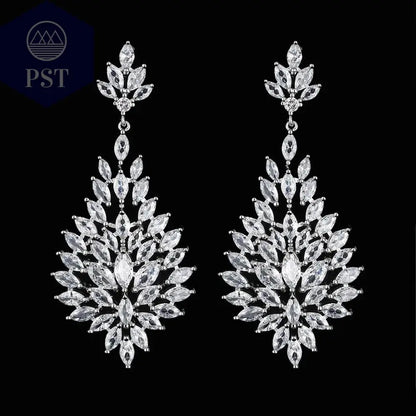 LXOEN Marquise Cut Flower Zirconia Crystal Long Drop Earrings for Women Shiny Leaf CZ Stone Bridal Wedding Jewelry - PST PS Tradings