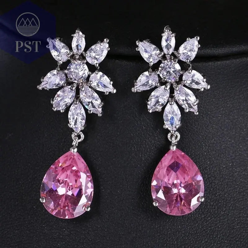 LXOEN Marquise Cut Flower Zirconia Crystal Long Drop Earrings for Women Shiny Leaf CZ Stone Bridal Wedding Jewelry - PST PS Tradings
