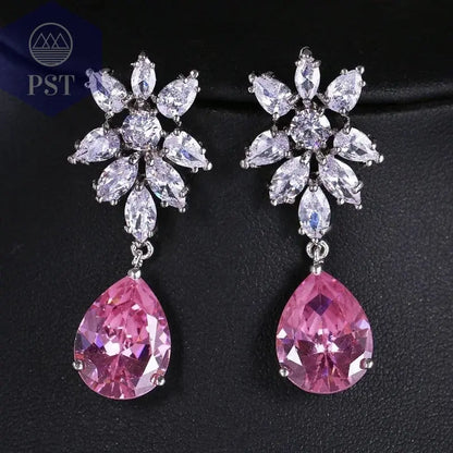 LXOEN Marquise Cut Flower Zirconia Crystal Long Drop Earrings for Women Shiny Leaf CZ Stone Bridal Wedding Jewelry - PST PS Tradings