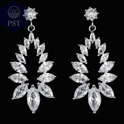 LXOEN Marquise Cut Flower Zirconia Crystal Long Drop Earrings for Women Shiny Leaf CZ Stone Bridal Wedding Jewelry - PST PS Tradings
