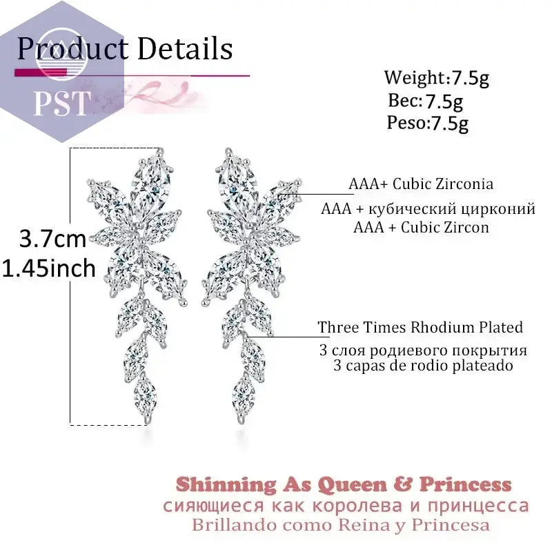 LXOEN Marquise Cut Flower Zirconia Crystal Long Drop Earrings for Women Shiny Leaf CZ Stone Bridal Wedding Jewelry       PST PS Tradings