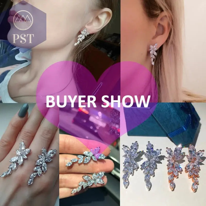 LXOEN Marquise Cut Flower Zirconia Crystal Long Drop Earrings for Women Shiny Leaf CZ Stone Bridal Wedding Jewelry       PST PS Tradings