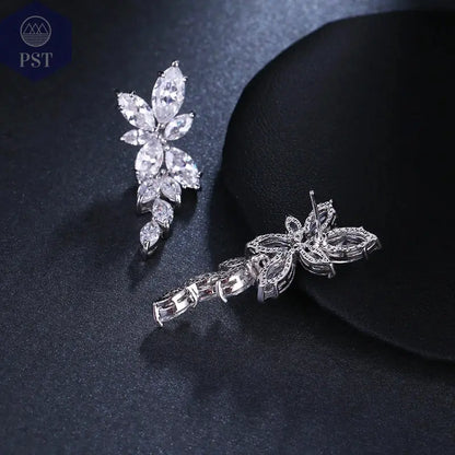 LXOEN Marquise Cut Flower Zirconia Crystal Long Drop Earrings for Women Shiny Leaf CZ Stone Bridal Wedding Jewelry       PST PS Tradings