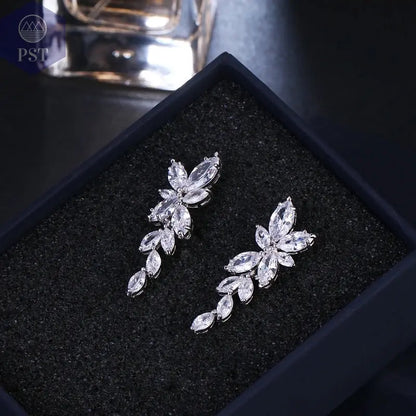 LXOEN Marquise Cut Flower Zirconia Crystal Long Drop Earrings for Women Shiny Leaf CZ Stone Bridal Wedding Jewelry       PST PS Tradings