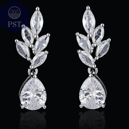 LXOEN Marquise Cut Flower Zirconia Crystal Long Drop Earrings for Women Shiny Leaf CZ Stone Bridal Wedding Jewelry       PST PS Tradings