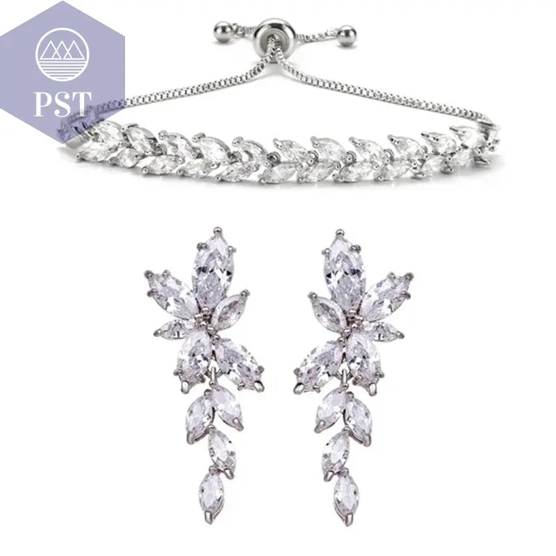 LXOEN Marquise Cut Flower Zirconia Crystal Long Drop Earrings for Women Shiny Leaf CZ Stone Bridal Wedding Jewelry       PST PS Tradings