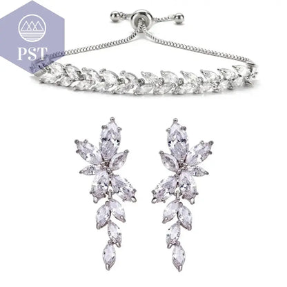 LXOEN Marquise Cut Flower Zirconia Crystal Long Drop Earrings for Women Shiny Leaf CZ Stone Bridal Wedding Jewelry       PST PS Tradings