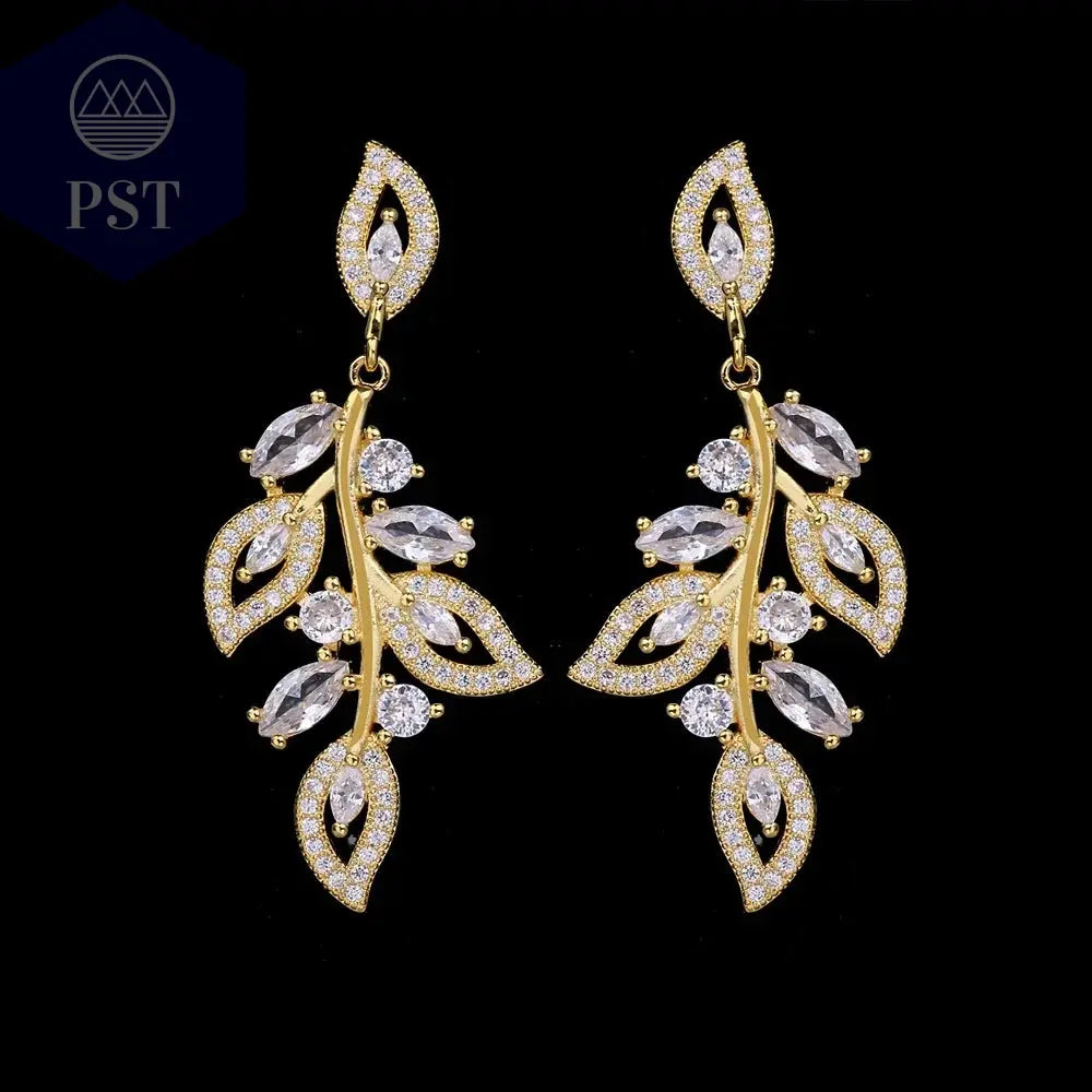 LXOEN Marquise Cut Flower Zirconia Crystal Long Drop Earrings for Women Shiny Leaf CZ Stone Bridal Wedding Jewelry       PST PS Tradings