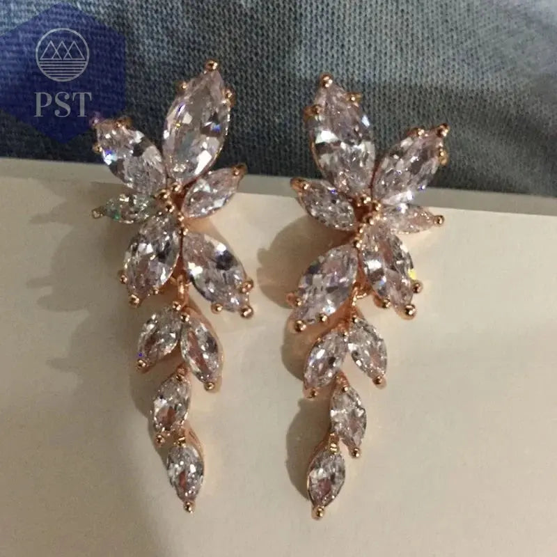 LXOEN Marquise Cut Flower Zirconia Crystal Long Drop Earrings for Women Shiny Leaf CZ Stone Bridal Wedding Jewelry       PST PS Tradings
