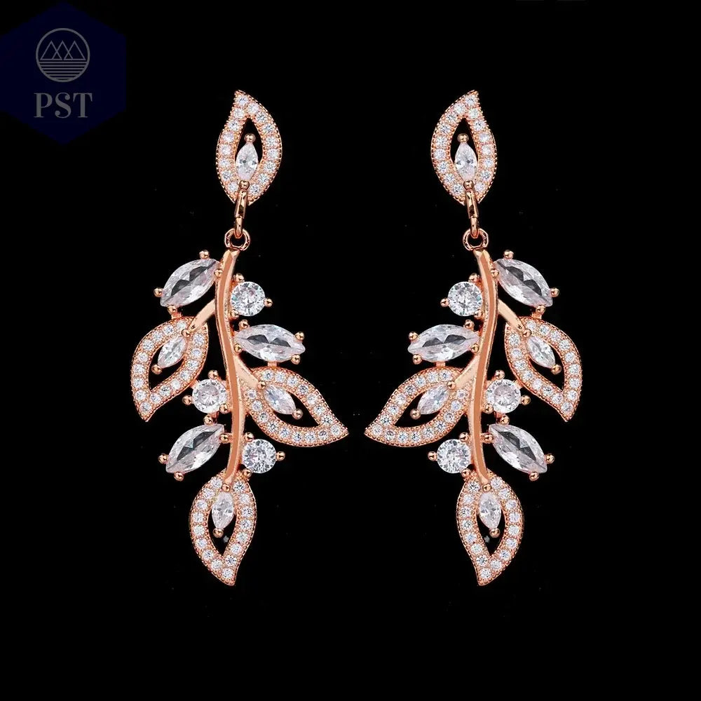 LXOEN Marquise Cut Flower Zirconia Crystal Long Drop Earrings for Women Shiny Leaf CZ Stone Bridal Wedding Jewelry       PST PS Tradings